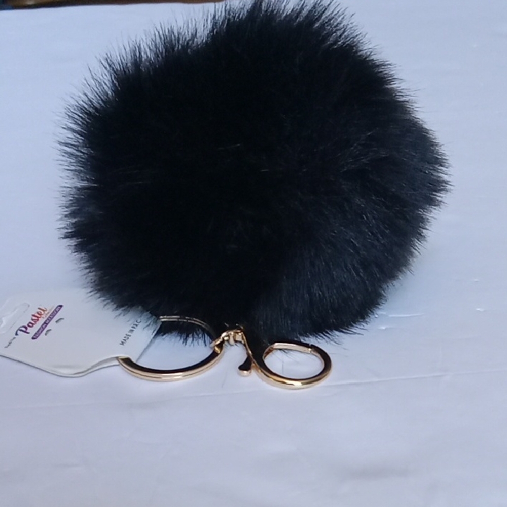 Black Pom Pom Keychain with Gold Ring & Bag Clip Large